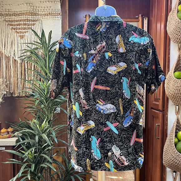Vintage Pineapple Moon Hawaiian Shirt M | 90s Surf Cars Rayon Aloha Retro Black - Picture 2 of 8